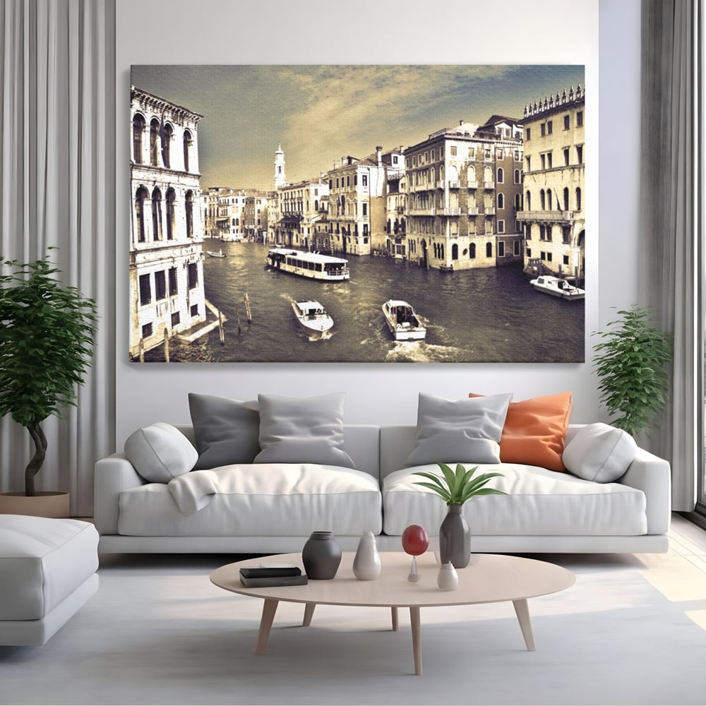 Tablou canvas cu panoramica cu canale si barci in venetia, fara rama, pe sasiu de lemn, pe perete intr-un living